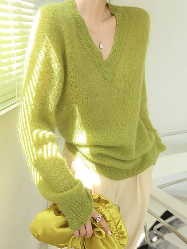 Clearance Sale Lime Garden Graceful Furry V-Neck Sweater