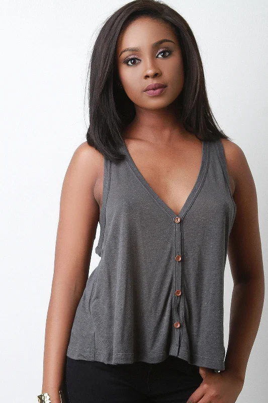 Final Clearance Button-Up V-Neck Sleeveless Top