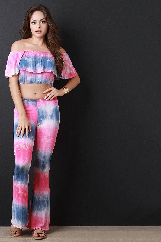 Deal of the Week Colorblock Tie Dye Ruffle Off-The-Shoulder Crop Top