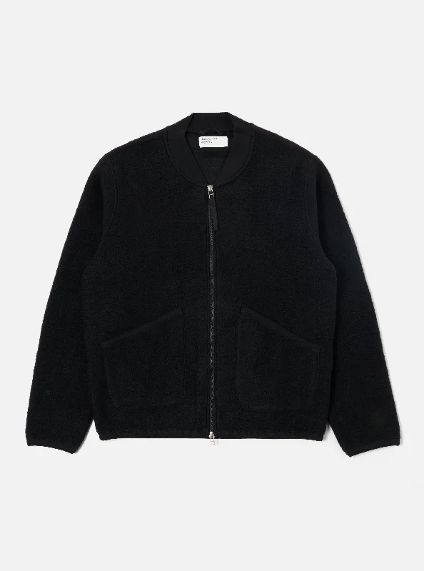 Universal Works Zip Bomber in Black Wool Fleece