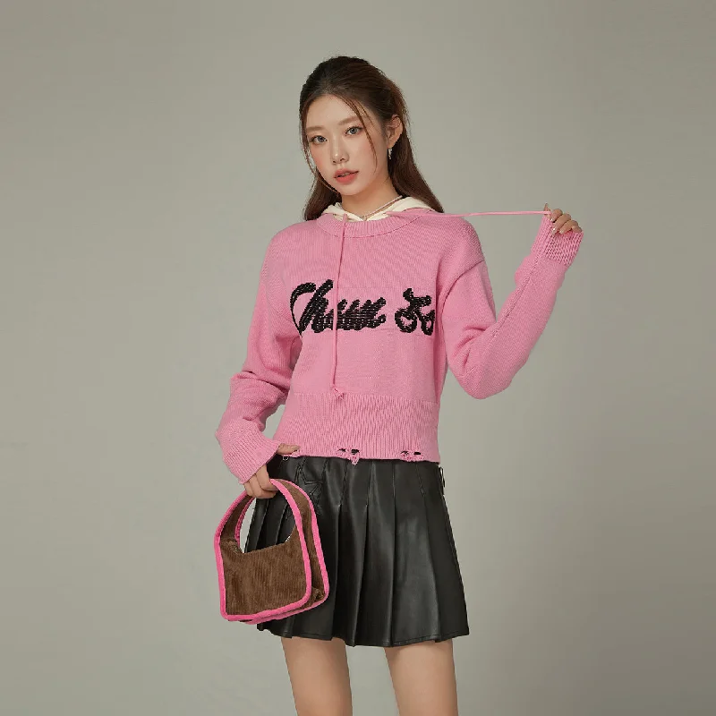 Discount Mania Distressed Lettering Crop Knit Sweater