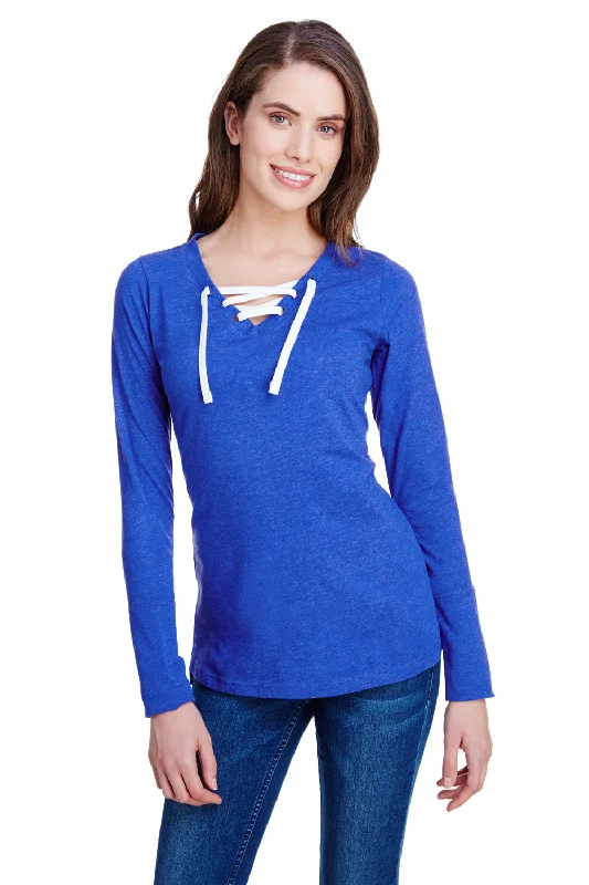 Now or Never LAT Womens Fine Jersey Lace Up Long Sleeve V-Neck T-Shirt - Vintage Royal Blue
