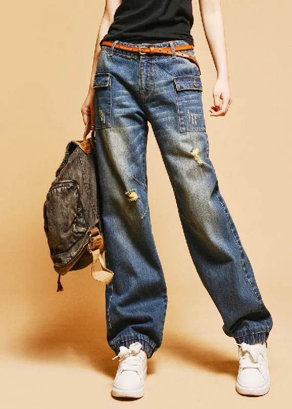 Deal of the Day Italian Blue High Waist Hole Pockets Cotton Denim Pants Fall