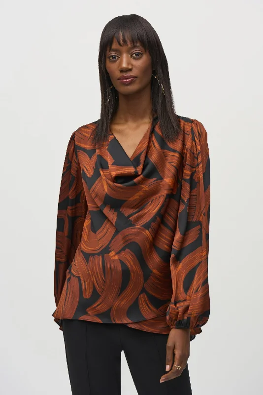 Final Clearance Joseph Ribkoff Black/Brown Brushstroke Print Cowl Neck Satin Top 244181
