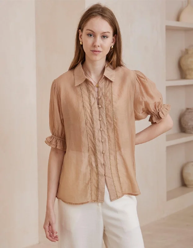 Stock Up Orlyn Short Sleeve Button Front Blouse in Caramel