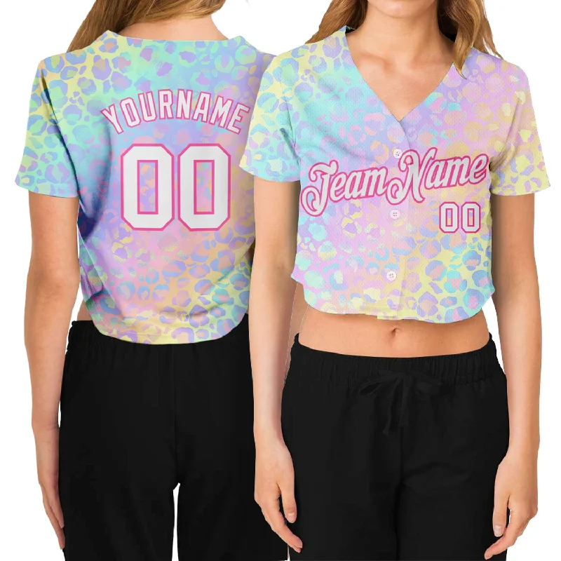 Best Bargains Custom Women's Pink White Leopard 3D V-Neck Cropped Baseball Jersey