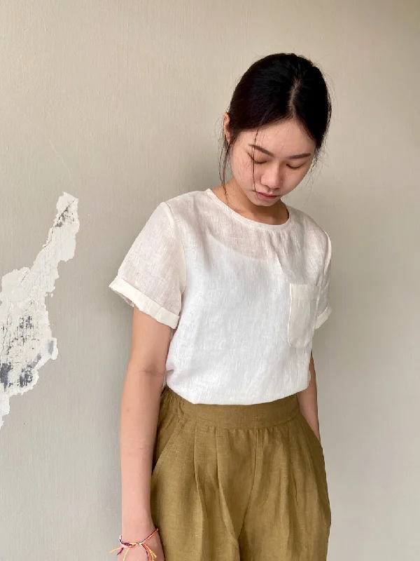 Weekend Deals to Brighten Your Day Linen Short Sleeve Top with Pocket in White