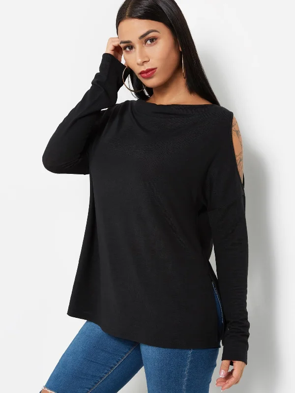 Seasonal Clearance Custom Bateau Cut Out Long Sleeve Slit Hem Black T-Shirts