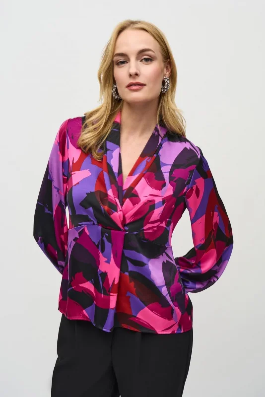 Now Available Joseph Ribkoff Black/Multi Abstract Print Faux Wrap Satin Top 244078