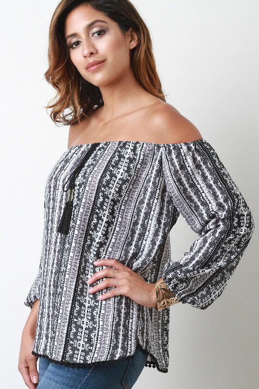 Steals and Deals Aztec Off the Shoulder Long Sleeves Blouse