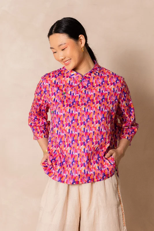 Super Savings Water Colour Raindrop Print 3/4 Sleeve Cheongsam Top
