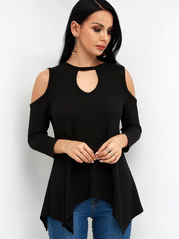 Shop and Save Custom Crew Neck Cold Shoulder Cut Out 3/4 Sleeve Irregular Hem Black T-Shirts