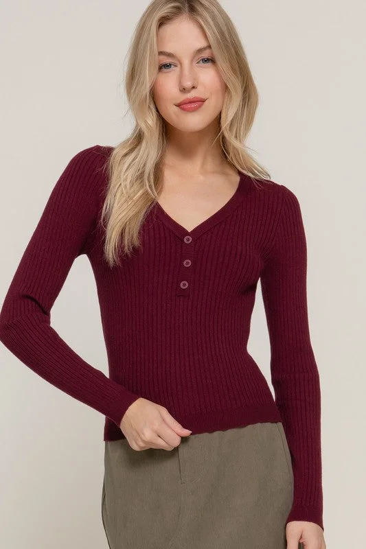 Weekend Deals That Sizzle LORAINE LONG SLV BUTTON DOWN HENLEY V-NECK SWEATER TOP