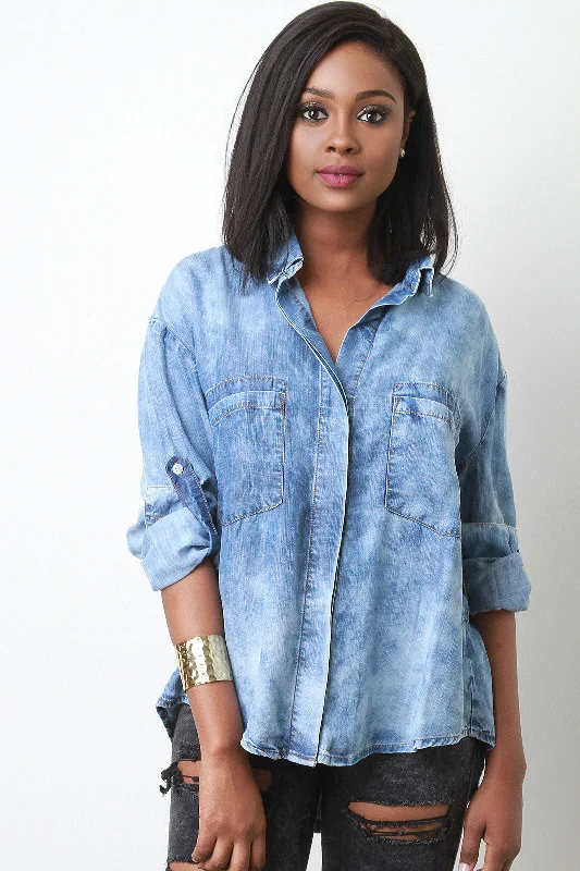 Weekend Deals to Make You Happy Bleach Wash Hidden Button-Up Denim Shirt