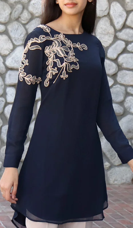 Time-Limited Offer Selena Embroidered Long Modest Tunic - Navy Blue - PREORDER (ships in 2 weeks)