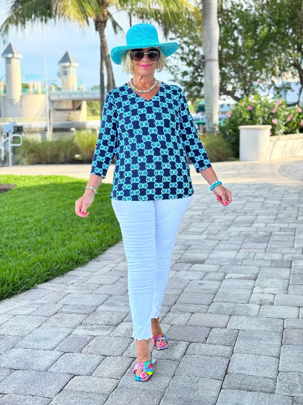 Final Clearance BLUE MEDALLION V NECK TOP