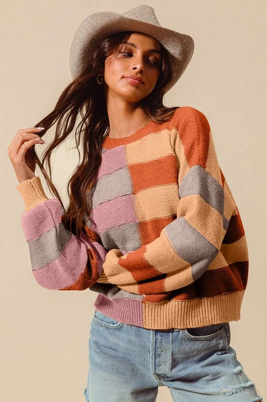 Super Deal ROMAN MULTI COLOR STRIPE HALF BLOCK SWEATER TOP S-XL