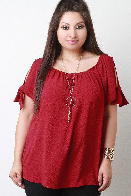 Value Deals Cold Shoulder Knotted-Tie Necklace Blouse Top