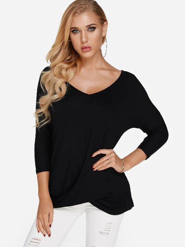 Unbeatable Prices OEM ODM V-Neck Plain Pleated 3/4 Sleeve Black T-Shirts