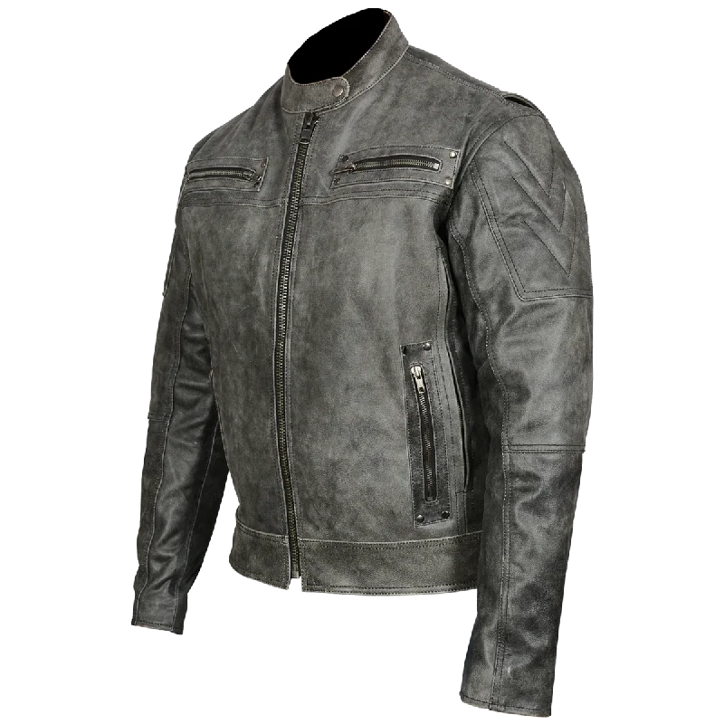 HMM542DG Men's Distressed Gray Padded & Vented Leather Scooter Jacket