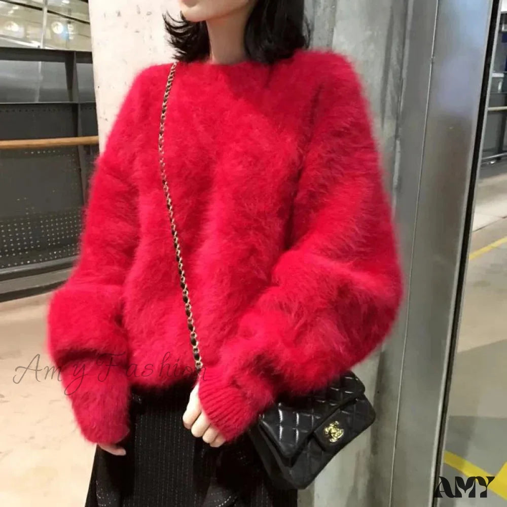 Act Now Mohair Knitted Thick Warm Red Loose Christmas Sweater
