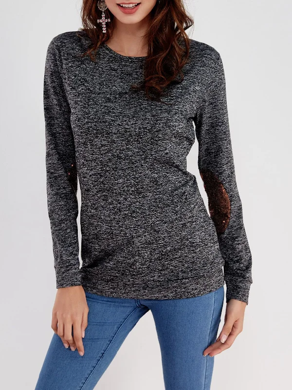 Special Price Wholesale Round Neck Plain Sequins Embellished Long Sleeve T-Shirts