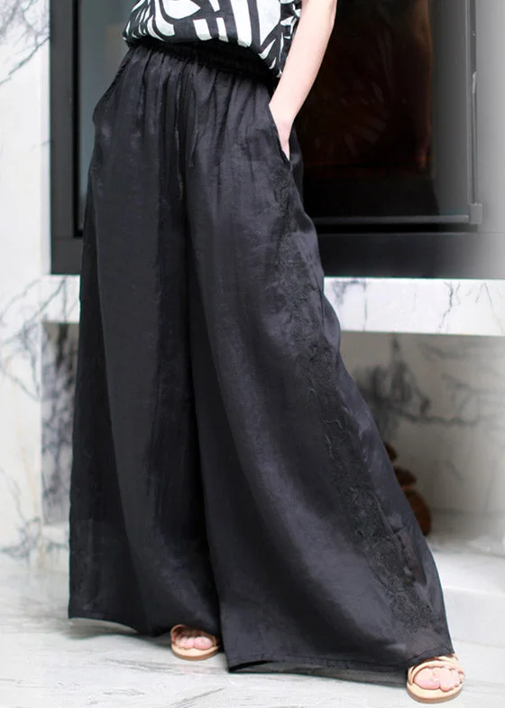 Daily Deals Modern Black Pockets Embroideried Floral Elastic Waist Linen Wide Leg Pants Summer