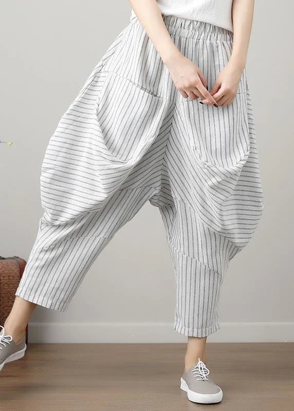 Great Bargains Natural Striped drop-crotch Cotton Linen  Pants Summer