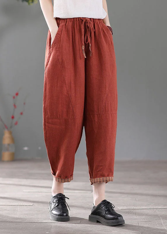 Weekend Discounts to Enjoy Italian Red Elastic Waist Pockets Patchwork Linen Crop Pants Fall