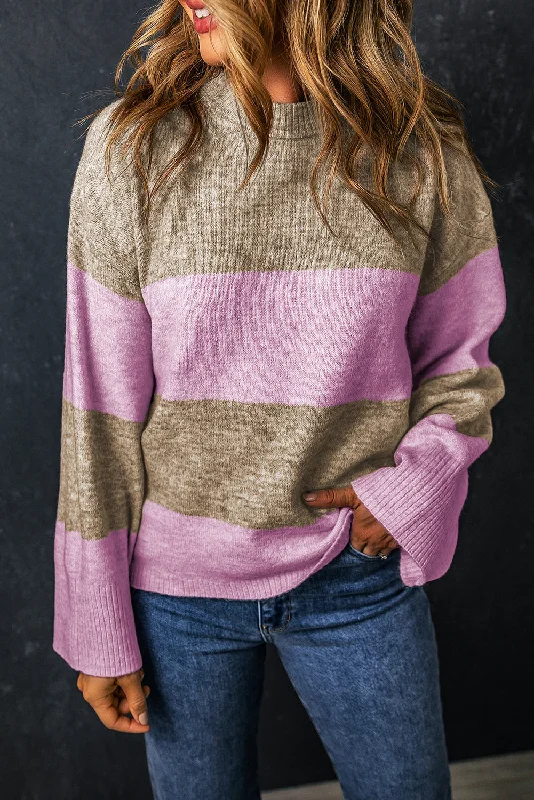 Savings Alert Stripe Crew Neck Wide Sleeve Colorblock Sweater
