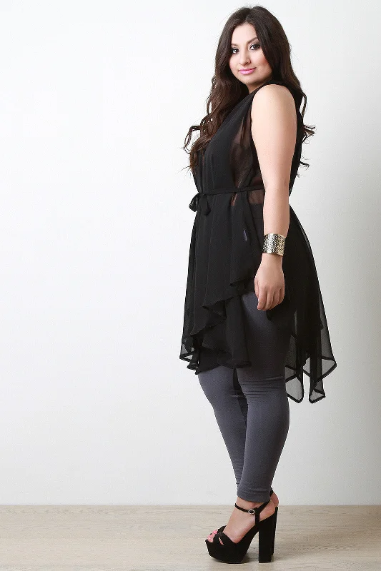 Deal of the Day Chiffon Sleeveless Sharkbite Tie Waist Tunic Top