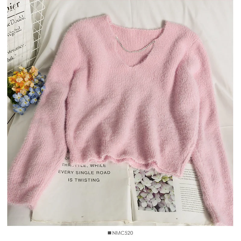 Closeout Deal Sweater women's autumn diamond chain decorative V-Neck Sweater  1866