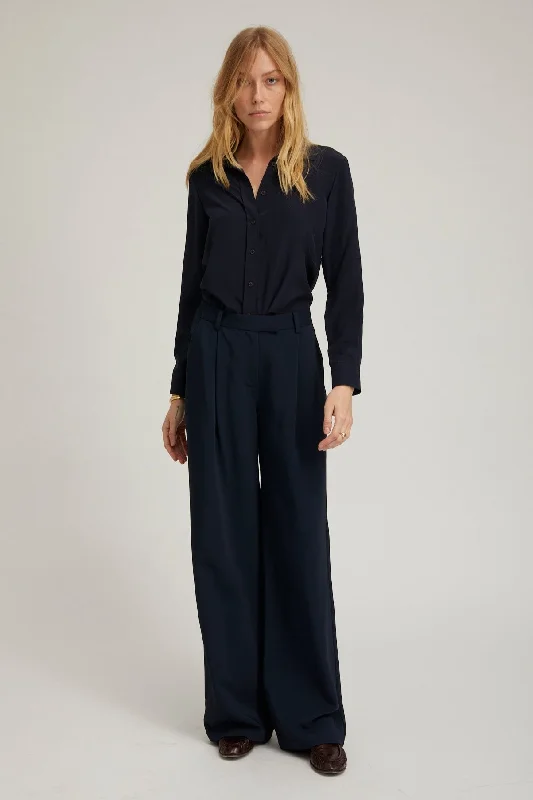 Savings Bonanza Navy Crepe Straight Leg Pleated Trousers