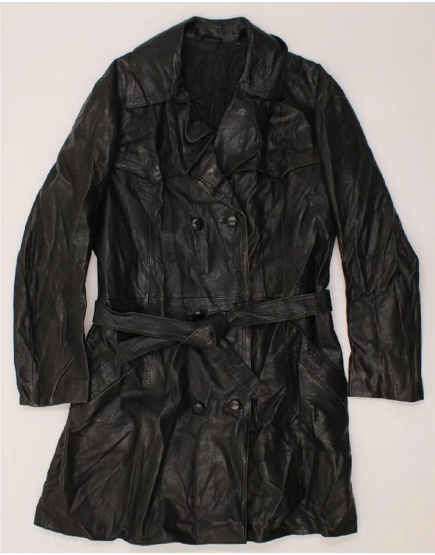 Hurry In VINTAGE Womens Double Breasted Leather Coat IT 52 2XL Black