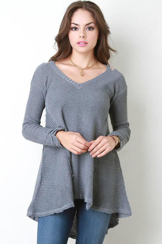 Act Now Cold Shoulder Slit High Low Sweater Top