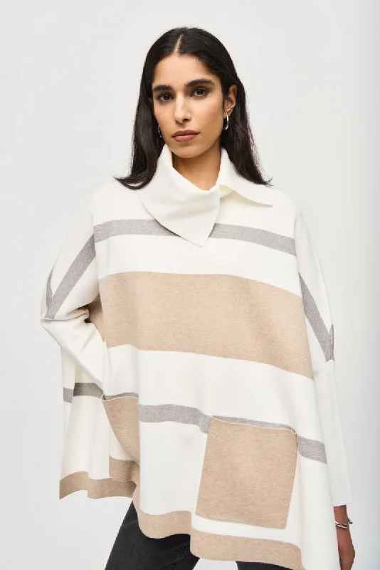 New Markdowns Joseph Ribkoff Vanilla/Oatmeal Melange/Grey Stripe Print Poncho Top 243951