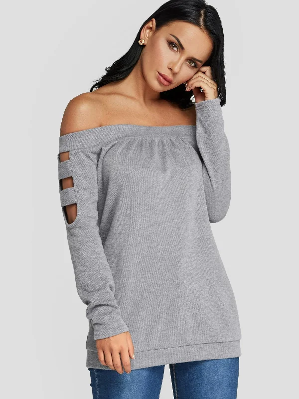 Loyalty Reward Custom Off The Shoulder Cut Out Long Sleeve Grey Top