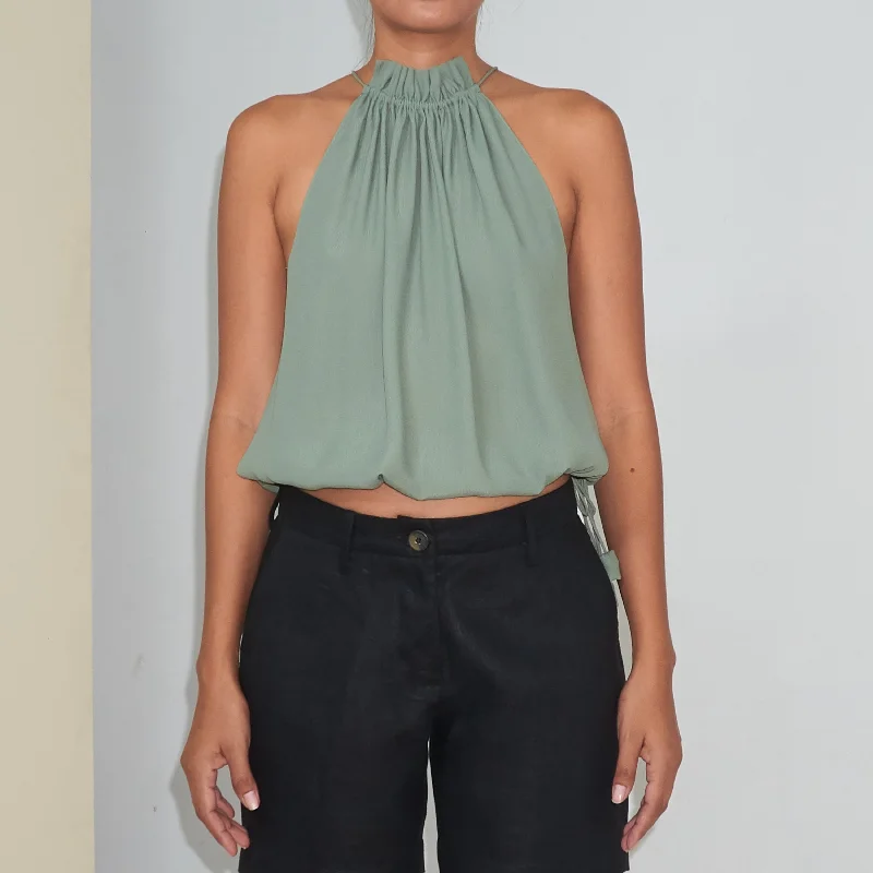 Buy More, Save More STREAM HALTER TOP - Rayon Fujette Crepe | Light Olive Green