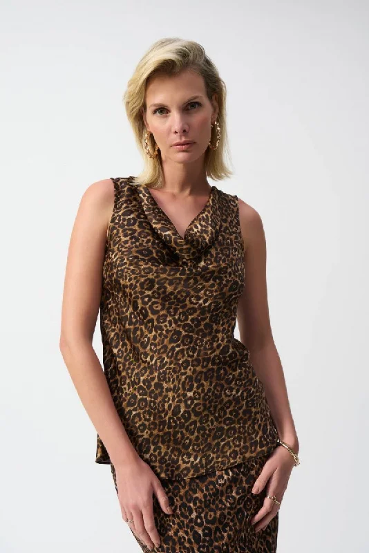 Weekend Bargains to Savor Joseph Ribkoff Beige/Black Animal Print Cowl Neck Sleeveless Satin Top 244258