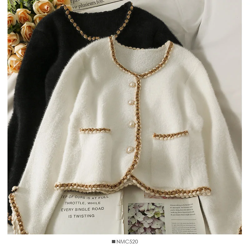 Weekend Offers That Dazzle Korean version bright silk bonded pearl single breasted long sleeved sweater  1859
