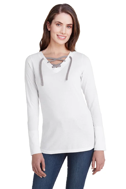 Low Price LAT Womens Fine Jersey Lace Up Long Sleeve V-Neck T-Shirt - White