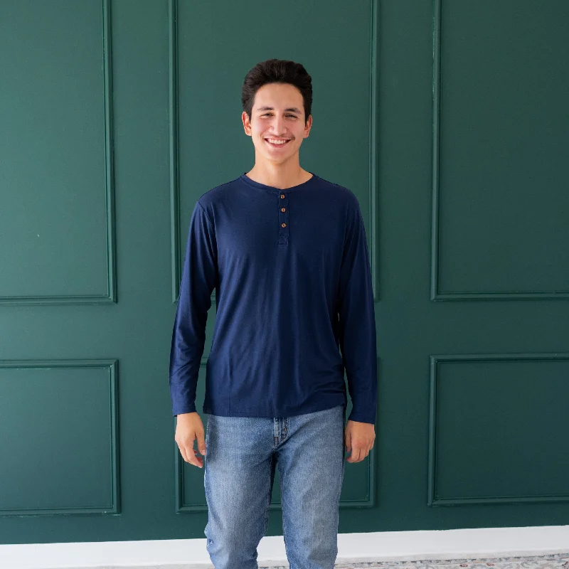 Men's Long Sleeve Henley Top in Navy