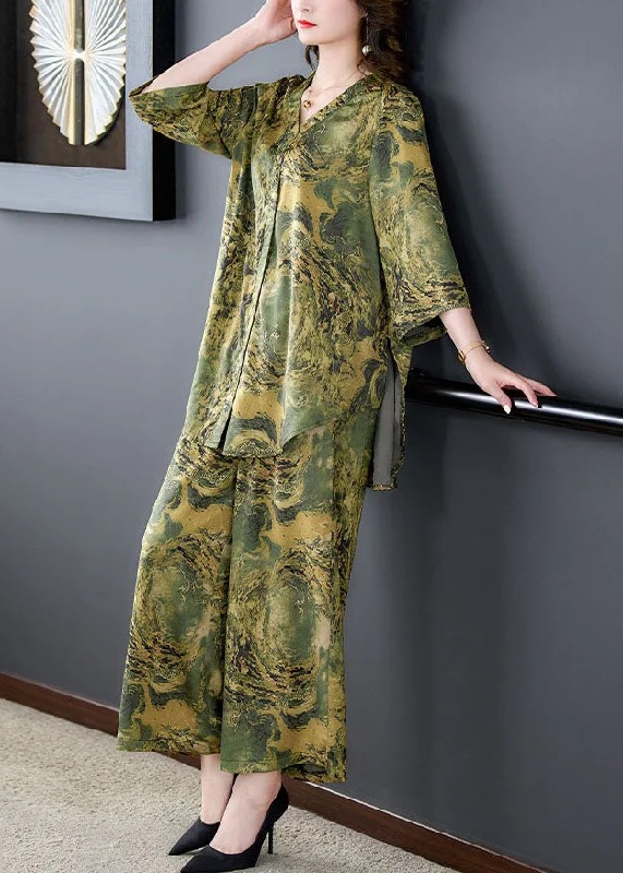 Price Meltdown Green Print Pockets Silk Women Sets 2 Pieces Tops And Pants V Neck Summer