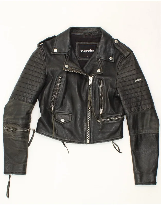 Mega Sale VINTAGE Womens Crop Leather Biker Jacket UK 14 Medium Black Sheepskin