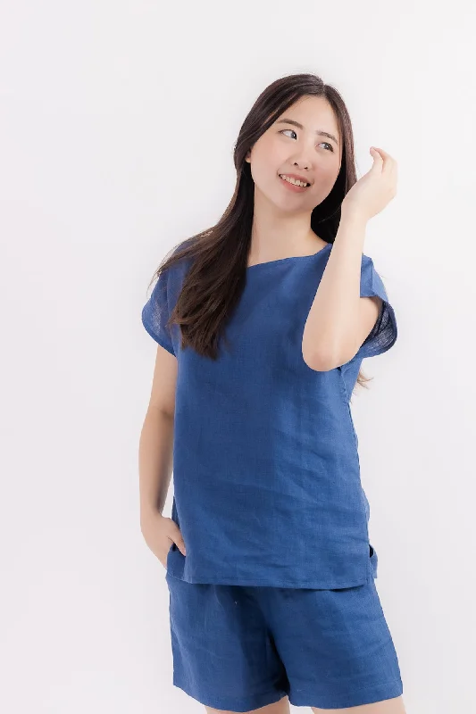 Mega Sale Linen Short Sleeve Top in Dark Blue