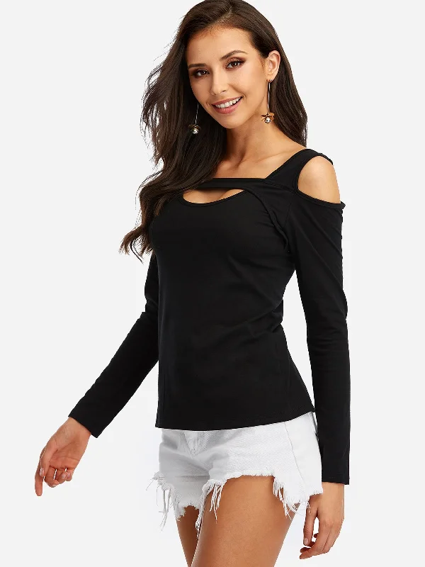 Markdown Madness Wholesale Cold Shoulder Long Sleeve Black T-Shirts