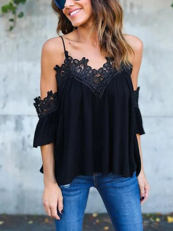 Buy Now OEM ODM V-Neck Plain Crochet Lace Embellished Cut Out Half Sleeve Black Top