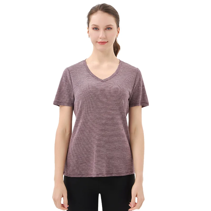 Buy More, Save More Women's Merino 200g V-Neck Short Sleeve T-Shirt Fig Grey Stripes