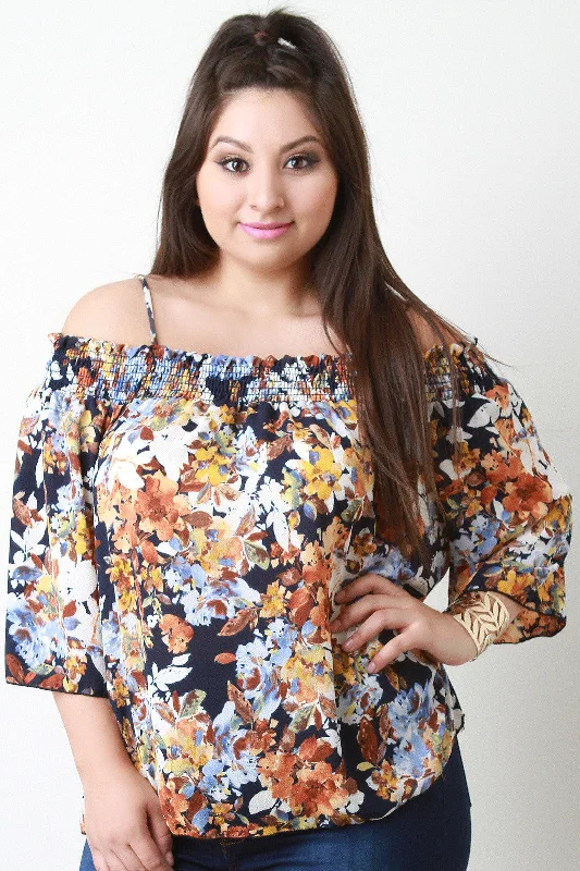 Don't Miss Out Cold Shoulder Smocked Floral Print Top