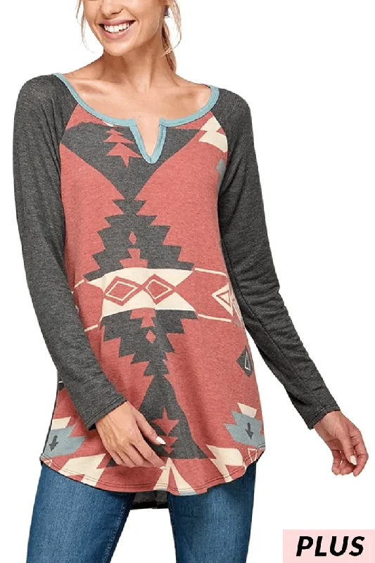 Bargain Alert Plus Size Aztec Print Split Neck Top